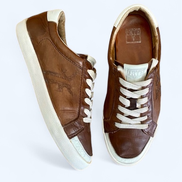 Frye Shoes - Frye Dylan Vintage Distressed Leather Brown Cream Sneakers Size 6.5